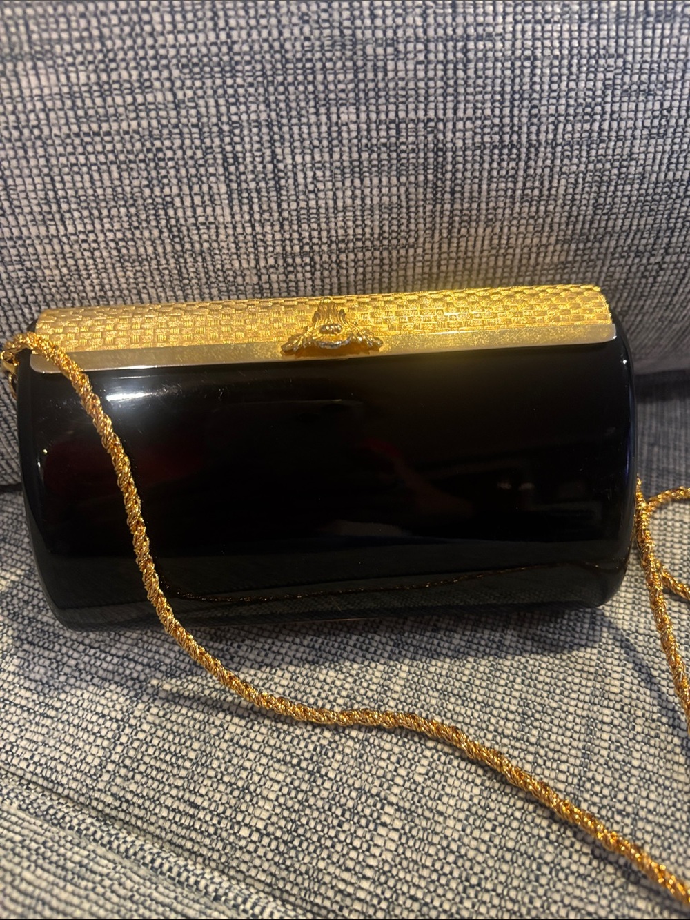 MCM Hard Shell with Gold Chain Black and Gold Evening Clutch Bag